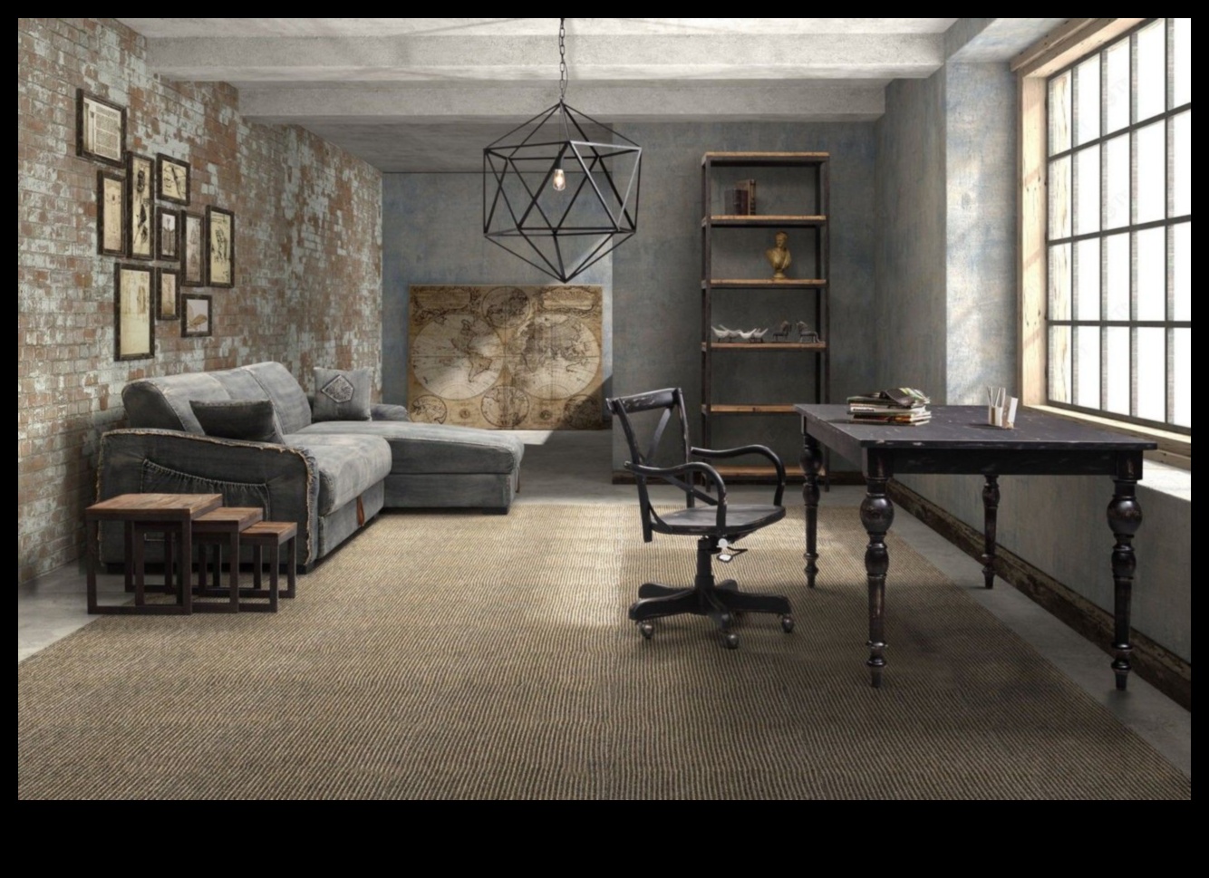 ما هي بعض أفكار ديكور غرفة المعيشة الصناعية الأنيقة مع جدران من الطوب المكشوف؟